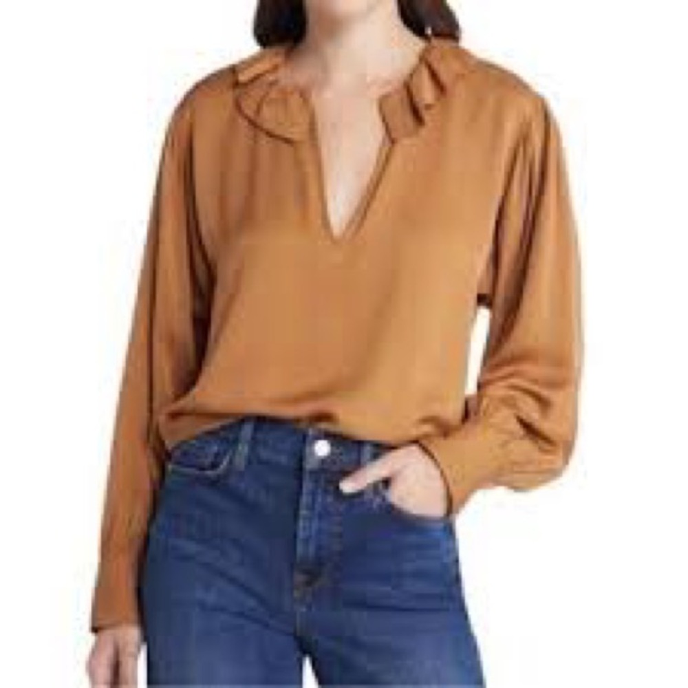 Frame Silk Ruffle Collar Long Sleeve Blouse in Camel - NWOT - Size Medium